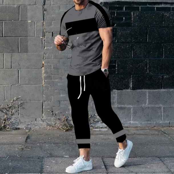 Men's T-shirt Suits Shirt and Pant Sets 2 Pieces Outfits Short Sleeve Crewneck Summer Color Block Fashion Casual 2 Piece Vacation Daily Wear Going out Black White Yellow Top Tee for Men