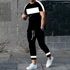 Men's T-shirt Suits Shirt and Pant Sets 2 Pieces Outfits Short Sleeve Crewneck Summer Color Block Fashion Casual 2 Piece Vacation Daily Wear Going out Black White Yellow Top Tee for Men