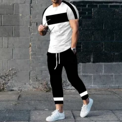 Men's T-shirt Suits Shirt and Pant Sets 2 Pieces Outfits Short Sleeve Crewneck Summer Color Block Fashion Casual 2 Piece Vacation Daily Wear Going out Black White Yellow Top Tee for Men