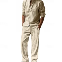 Men's T-shirt Suits Shirt and Pant Sets 2 Pieces Outfits Long Sleeve Stand Collar Summer Spring Plain Fashion Casual 2 Piece Vacation Daily Wear Going out Black White Blue Top Tee for Men