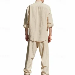 Men's T-shirt Suits Shirt and Pant Sets 2 Pieces Outfits Long Sleeve Stand Collar Summer Spring Plain Fashion Casual 2 Piece Vacation Daily Wear Going out Black White Blue Top Tee for Men