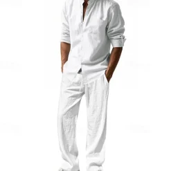 Men's T-shirt Suits Shirt and Pant Sets 2 Pieces Outfits Long Sleeve Stand Collar Summer Spring Plain Fashion Casual 2 Piece Vacation Daily Wear Going out Black White Blue Top Tee for Men