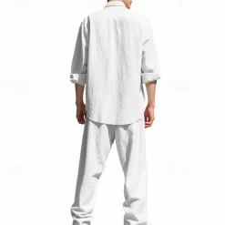 Men's T-shirt Suits Shirt and Pant Sets 2 Pieces Outfits Long Sleeve Stand Collar Summer Spring Plain Fashion Casual 2 Piece Vacation Daily Wear Going out Black White Blue Top Tee for Men