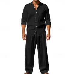 Men's T-shirt Suits Shirt and Pant Sets 2 Pieces Outfits Long Sleeve Stand Collar Summer Spring Plain Fashion Casual 2 Piece Vacation Daily Wear Going out Black White Blue Top Tee for Men