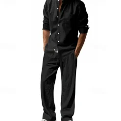 Men's T-shirt Suits Shirt and Pant Sets 2 Pieces Outfits Long Sleeve Stand Collar Summer Spring Plain Fashion Casual 2 Piece Vacation Daily Wear Going out Black White Blue Top Tee for Men