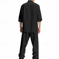 Men's T-shirt Suits Shirt and Pant Sets 2 Pieces Outfits Long Sleeve Stand Collar Summer Spring Plain Fashion Casual 2 Piece Vacation Daily Wear Going out Black White Blue Top Tee for Men