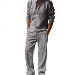 Men's T-shirt Suits Shirt and Pant Sets 2 Pieces Outfits Long Sleeve Stand Collar Summer Spring Plain Fashion Casual 2 Piece Vacation Daily Wear Going out Black White Blue Top Tee for Men