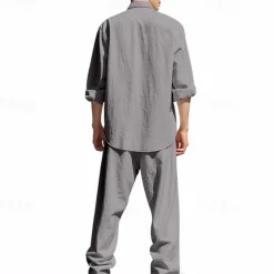 Men's T-shirt Suits Shirt and Pant Sets 2 Pieces Outfits Long Sleeve Stand Collar Summer Spring Plain Fashion Casual 2 Piece Vacation Daily Wear Going out Black White Blue Top Tee for Men