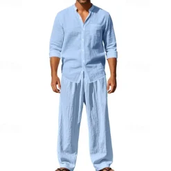 Men's T-shirt Suits Shirt and Pant Sets 2 Pieces Outfits Long Sleeve Stand Collar Summer Spring Plain Fashion Casual 2 Piece Vacation Daily Wear Going out Black White Blue Top Tee for Men