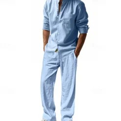 Men's T-shirt Suits Shirt and Pant Sets 2 Pieces Outfits Long Sleeve Stand Collar Summer Spring Plain Fashion Casual 2 Piece Vacation Daily Wear Going out Black White Blue Top Tee for Men