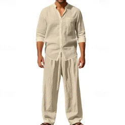 Men's T-shirt Suits Shirt and Pant Sets 2 Pieces Outfits Long Sleeve Stand Collar Summer Spring Plain Fashion Casual 2 Piece Vacation Daily Wear Going out Black White Blue Top Tee for Men