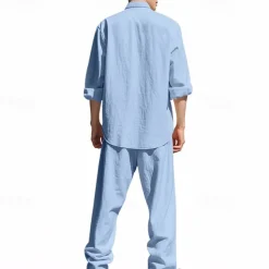 Men's T-shirt Suits Shirt and Pant Sets 2 Pieces Outfits Long Sleeve Stand Collar Summer Spring Plain Fashion Casual 2 Piece Vacation Daily Wear Going out Black White Blue Top Tee for Men