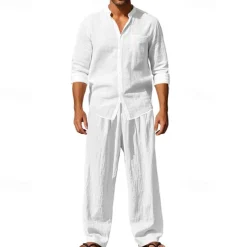 Men's T-shirt Suits Shirt and Pant Sets 2 Pieces Outfits Long Sleeve Stand Collar Summer Spring Plain Fashion Casual 2 Piece Vacation Daily Wear Going out Black White Blue Top Tee for Men