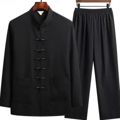 Men's T-shirt Suits Shirt and Pant Sets 2 Pieces Outfits Long Sleeve Standing Collar Spring & Fall Plain Fashion Chinese Style Casual 2 Piece Vacation Daily Wear Going out Black White Navy Blue Top