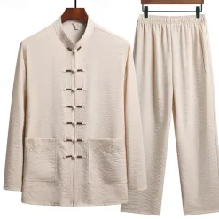 Men's T-shirt Suits Shirt and Pant Sets 2 Pieces Outfits Long Sleeve Standing Collar Spring & Fall Plain Fashion Chinese Style Casual 2 Piece Vacation Daily Wear Going out Black White Navy Blue Top