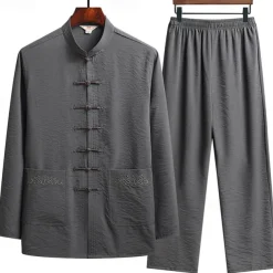 Men's T-shirt Suits Shirt and Pant Sets 2 Pieces Outfits Long Sleeve Standing Collar Spring & Fall Plain Fashion Chinese Style Casual 2 Piece Vacation Daily Wear Going out Black White Navy Blue Top