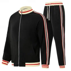 Men's T-shirt Suits Shirt and Pant Sets 2 Pieces Outfits Long Sleeve Stand Collar Summer Stripes Fashion Casual 2 Piece Vacation Daily Wear Going out Black Red Navy Blue Top Tee for Men