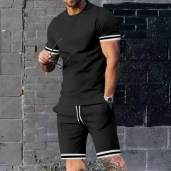 Men's T-shirt Suits Shorts and T Shirt Set 2 Pieces Outfits Short Sleeve Crew Neck Summer Color Block Stripes Fashion Casual 2 Piece Vacation Daily Wear Going out Black Red Navy Blue Top Tee for Men