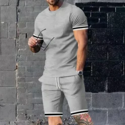 Men's T-shirt Suits Shorts and T Shirt Set 2 Pieces Outfits Short Sleeve Crew Neck Summer Color Block Stripes Fashion Casual 2 Piece Vacation Daily Wear Going out Black Red Navy Blue Top Tee for Men