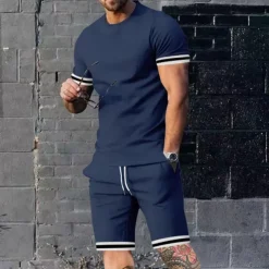 Men's T-shirt Suits Shorts and T Shirt Set 2 Pieces Outfits Short Sleeve Crew Neck Summer Color Block Stripes Fashion Casual 2 Piece Vacation Daily Wear Going out Black Red Navy Blue Top Tee for Men