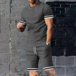 Men's T-shirt Suits Shorts and T Shirt Set 2 Pieces Outfits Short Sleeve Crew Neck Summer Color Block Stripes Fashion Casual 2 Piece Vacation Daily Wear Going out Black Red Navy Blue Top Tee for Men