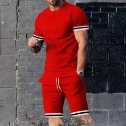 Men's T-shirt Suits Shorts and T Shirt Set 2 Pieces Outfits Short Sleeve Crew Neck Summer Color Block Stripes Fashion Casual 2 Piece Vacation Daily Wear Going out Black Red Navy Blue Top Tee for Men