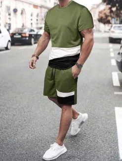 Men's T-shirt Suits Tee & Drawstring Waist Pants Short Sleeves Crew Neck Summer Gymnatics Casual Color Block Street Style Vacation Daily Wear Activewear Army Green Black Yellow Top Tee for Men