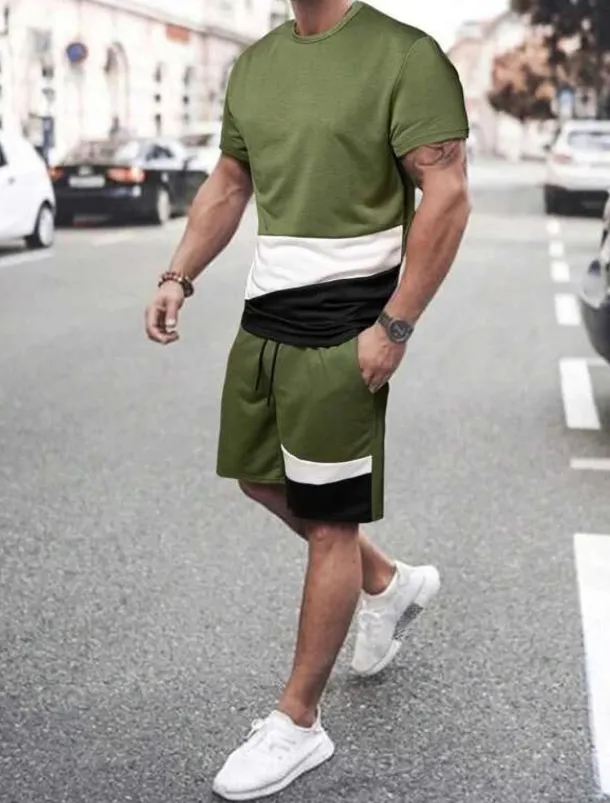 Men's T-shirt Suits Tee & Drawstring Waist Pants Short Sleeves Crew Neck Summer Gymnatics Casual Color Block Street Style Vacation Daily Wear Activewear Army Green Black Yellow Top Tee for Men