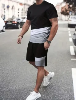 Men's T-shirt Suits Tee & Drawstring Waist Pants Short Sleeves Crew Neck Summer Gymnatics Casual Color Block Street Style Vacation Daily Wear Activewear Army Green Black Yellow Top Tee for Men