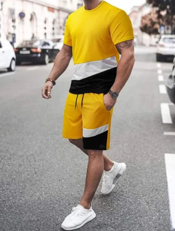 Men's T-shirt Suits Tee & Drawstring Waist Pants Short Sleeves Crew Neck Summer Gymnatics Casual Color Block Street Style Vacation Daily Wear Activewear Army Green Black Yellow Top Tee for Men