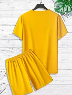 Men's T-shirt Suits Tee & Drawstring Waist Pants Short Sleeves Crew Neck Summer Gymnatics Casual Color Block Street Style Vacation Daily Wear Activewear Army Green Black Yellow Top Tee for Men