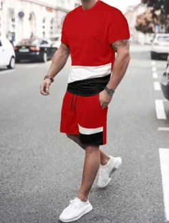 Men's T-shirt Suits Tee & Drawstring Waist Pants Short Sleeves Crew Neck Summer Gymnatics Casual Color Block Street Style Vacation Daily Wear Activewear Army Green Black Yellow Top Tee for Men