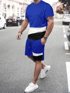 Men's T-shirt Suits Tee & Drawstring Waist Pants Short Sleeves Crew Neck Summer Gymnatics Casual Color Block Street Style Vacation Daily Wear Activewear Army Green Black Yellow Top Tee for Men