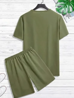 Men's T-shirt Suits Tee & Drawstring Waist Pants Short Sleeves Crew Neck Summer Gymnatics Casual Color Block Street Style Vacation Daily Wear Activewear Army Green Black Yellow Top Tee for Men