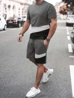 Men's T-shirt Suits Tee & Drawstring Waist Pants Short Sleeves Crew Neck Summer Gymnatics Casual Color Block Street Style Vacation Daily Wear Activewear Army Green Black Yellow Top Tee for Men