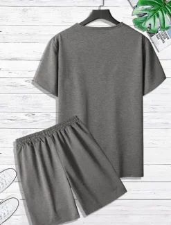 Men's T-shirt Suits Tee & Drawstring Waist Pants Short Sleeves Crew Neck Summer Gymnatics Casual Color Block Street Style Vacation Daily Wear Activewear Army Green Black Yellow Top Tee for Men