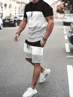 Men's T-shirt Suits Tracksuit Tennis Shirt Shorts and T Shirt Set Short Sleeves Crew Neck Summer Color Block Gymnatics Casual 2 Piece Vacation Daily Wear Activewear Yellow Red Blue Top Tee for Men