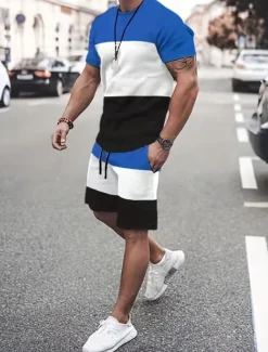 Men's T-shirt Suits Tracksuit Tennis Shirt Shorts and T Shirt Set Short Sleeves Crew Neck Summer Color Block Gymnatics Casual 2 Piece Vacation Daily Wear Activewear Yellow Red Blue Top Tee for Men