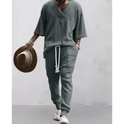 Men's T-shirt Suits Tracksuit Tennis Shirt Tees and Drawstring Long Pants 3/4-Length Sleeve V Neck Spring & Fall Plain Gymnatics Casual 2 Piece Knitting Vacation Daily Wear Activewear Black White