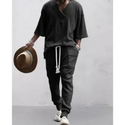 Men's T-shirt Suits Tracksuit Tennis Shirt Tees and Drawstring Long Pants 3/4-Length Sleeve V Neck Spring & Fall Plain Gymnatics Casual 2 Piece Knitting Vacation Daily Wear Activewear Black White