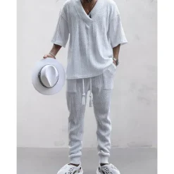 Men's T-shirt Suits Tracksuit Tennis Shirt Tees and Drawstring Long Pants 3/4-Length Sleeve V Neck Spring & Fall Plain Gymnatics Casual 2 Piece Knitting Vacation Daily Wear Activewear Black White