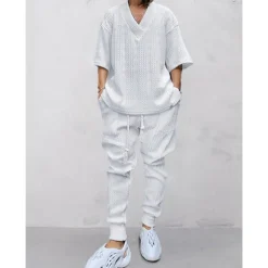 Men's T-shirt Suits Tracksuit Tennis Shirt Tees and Drawstring Long Pants 3/4-Length Sleeve V Neck Spring & Fall Plain Gymnatics Casual 2 Piece Knitting Vacation Daily Wear Activewear Black White