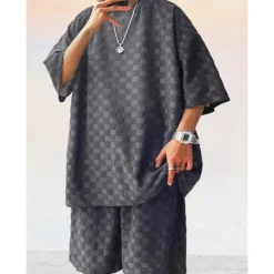 Men's T-shirt Suits Tracksuit Tennis Shirt Shorts and T Shirt Set Short Sleeves Crew Neck Summer Plaid Plain Gymnatics Casual 2 Piece Vacation Daily Wear Activewear Black White Gray Top Tee for Men