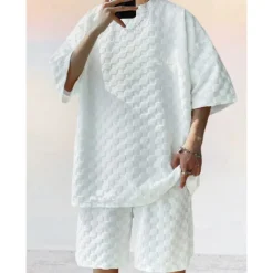 Men's T-shirt Suits Tracksuit Tennis Shirt Shorts and T Shirt Set Short Sleeves Crew Neck Summer Plaid Plain Gymnatics Casual 2 Piece Vacation Daily Wear Activewear Black White Gray Top Tee for Men