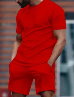 Men's T-shirt Suits Tracksuit Tennis Shirt Shorts and T Shirt Set Short Sleeves Crew Neck Summer Plain Gymnatics Casual 2 Piece Vacation Daily Wear Activewear Black White Red Top Tee for Men