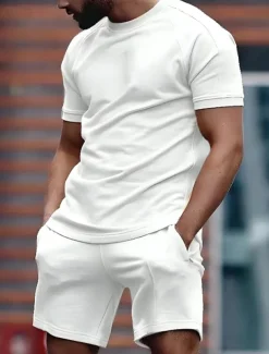 Men's T-shirt Suits Tracksuit Tennis Shirt Shorts and T Shirt Set Short Sleeves Crew Neck Summer Plain Gymnatics Casual 2 Piece Vacation Daily Wear Activewear Black White Red Top Tee for Men