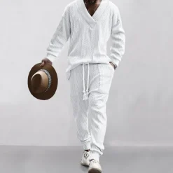 Men's T-shirt Suits Tracksuit Tees and Drawstring Long Pants Long Sleeve V Neck Spring & Fall Plain Gymnatics Casual 2 Piece Knitting Vacation Daily Wear Activewear Black White Navy Blue Top Tee for