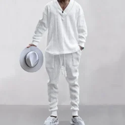 Men's T-shirt Suits Tracksuit Tees and Drawstring Long Pants Long Sleeve V Neck Spring & Fall Plain Gymnatics Casual 2 Piece Knitting Vacation Daily Wear Activewear Black White Navy Blue Top Tee for