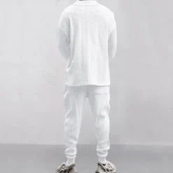 Men's T-shirt Suits Tracksuit Tees and Drawstring Long Pants Long Sleeve V Neck Spring & Fall Plain Gymnatics Casual 2 Piece Knitting Vacation Daily Wear Activewear Black White Navy Blue Top Tee for