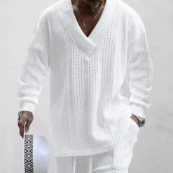 Men's T-shirt Suits Tracksuit Tees and Drawstring Long Pants Long Sleeve V Neck Spring & Fall Plain Gymnatics Casual 2 Piece Knitting Vacation Daily Wear Activewear Black White Navy Blue Top Tee for